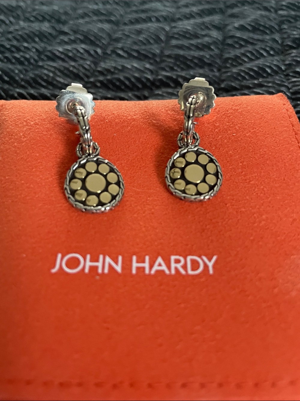 John Hardy Dot Silver & 18K Yellow Gold Small Round Hoop Drop Earrings - Picture 6 of 7